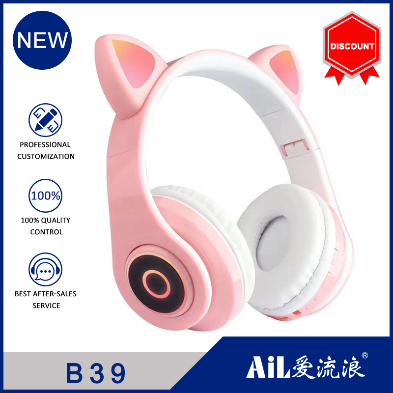2022 Cute Cat Ear B39 Wireless Headphones With Led Light Wireless Earphone Support Tf Card Gaming PK