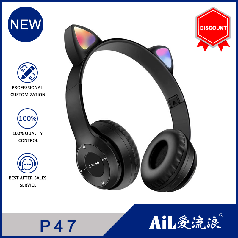 New P47M Cat Ear Noise Cancelling Headphones Young People Kids Headset Support TF Card 3.5mm Plug Wi